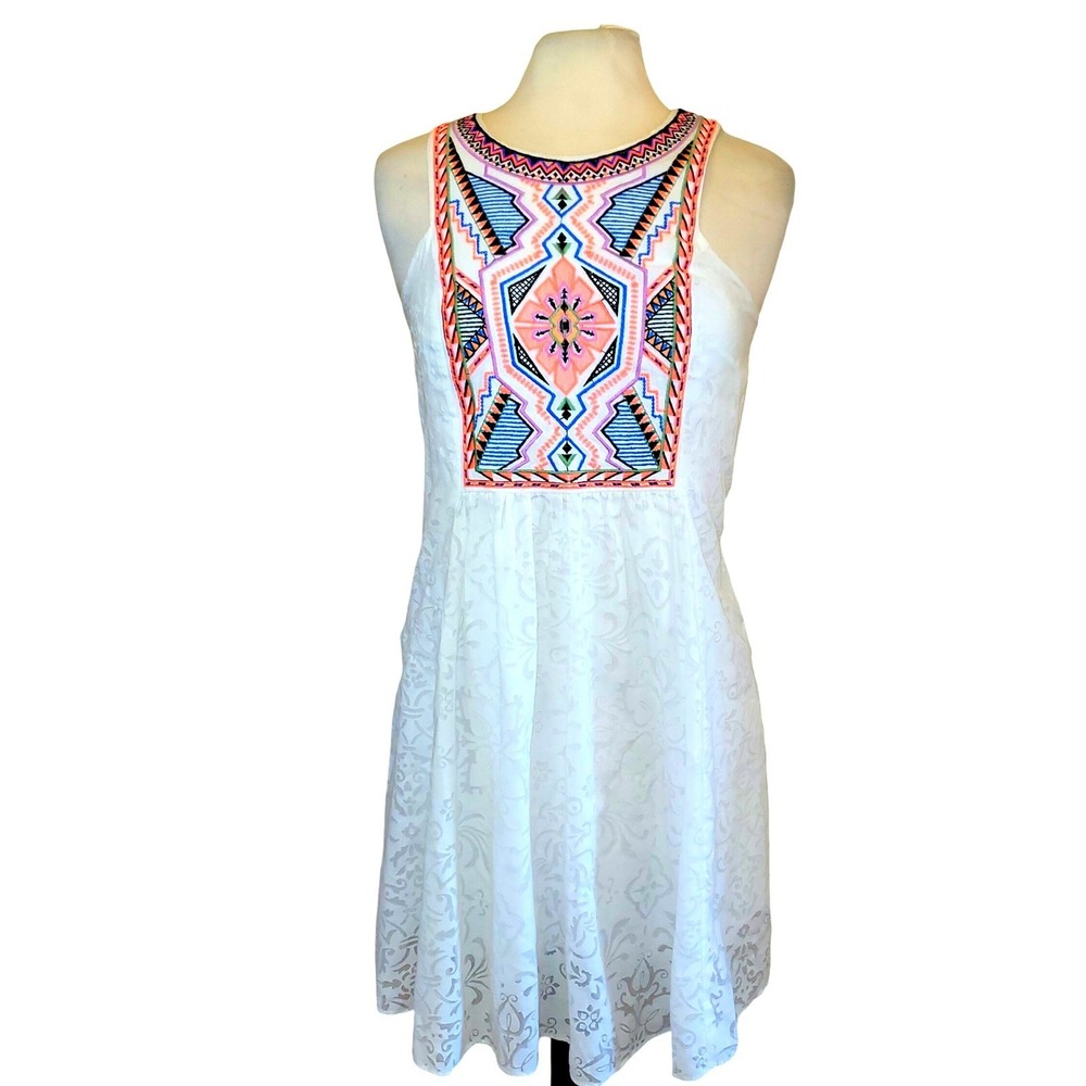 Anthropologie Champagne & Strawberry Embroidered White Lace Shift Dress S